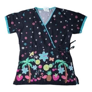 Colorful Contemporary Floral Tropical Print Scrub Top Size Small